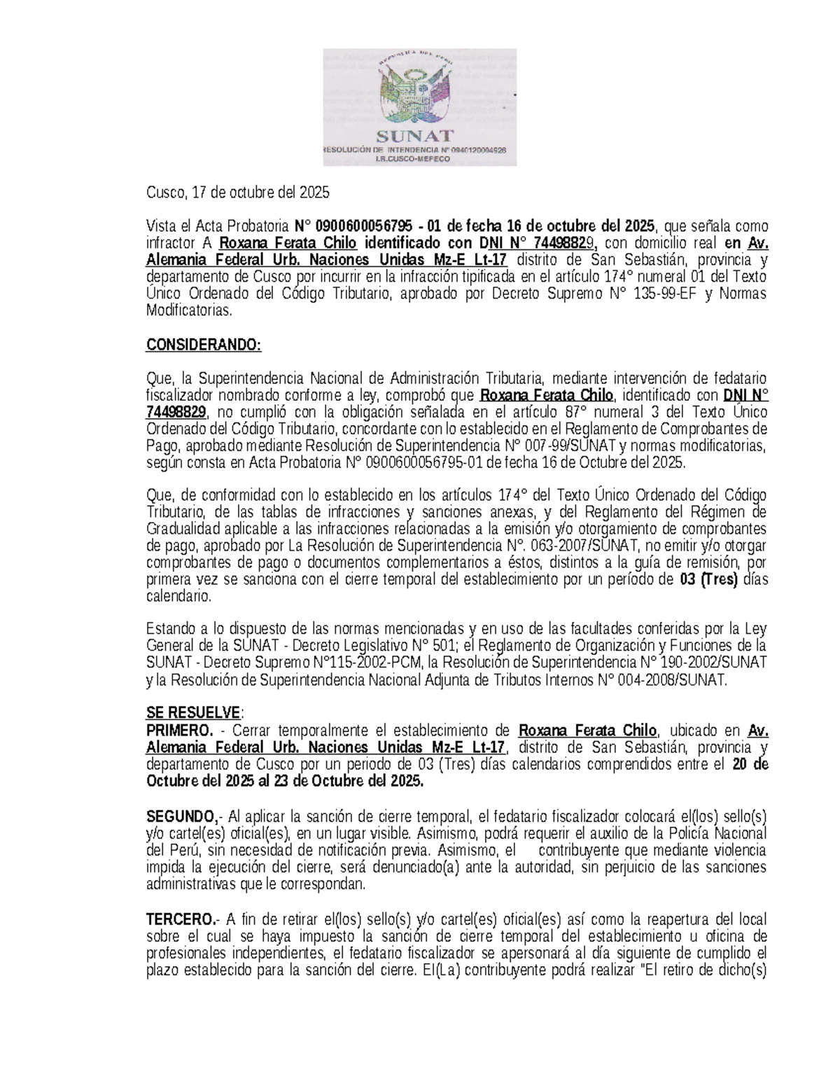 Resolución de Cierre Temporal del Local - SUNAT 2025 - Studocu