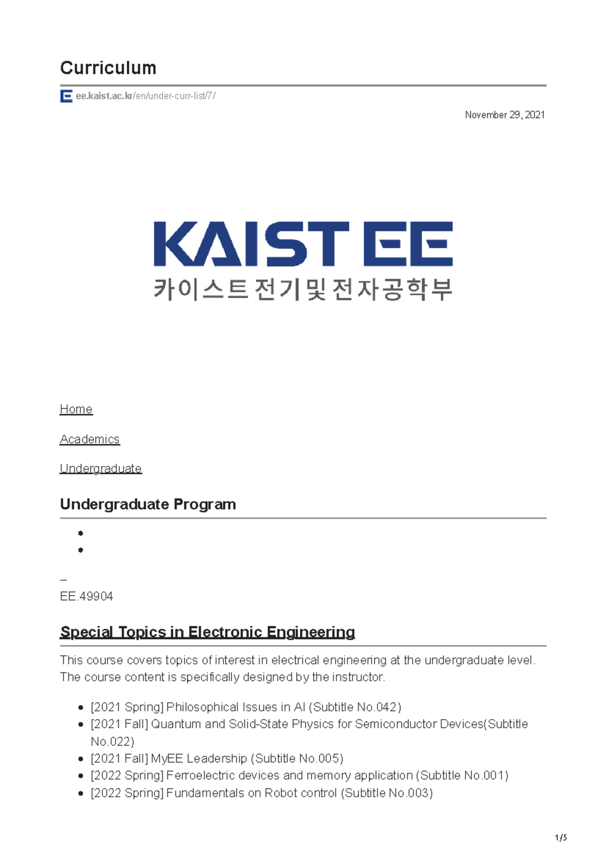 EE.49904 Special Topics in Electronic Engineering Curriculum Overview ...
