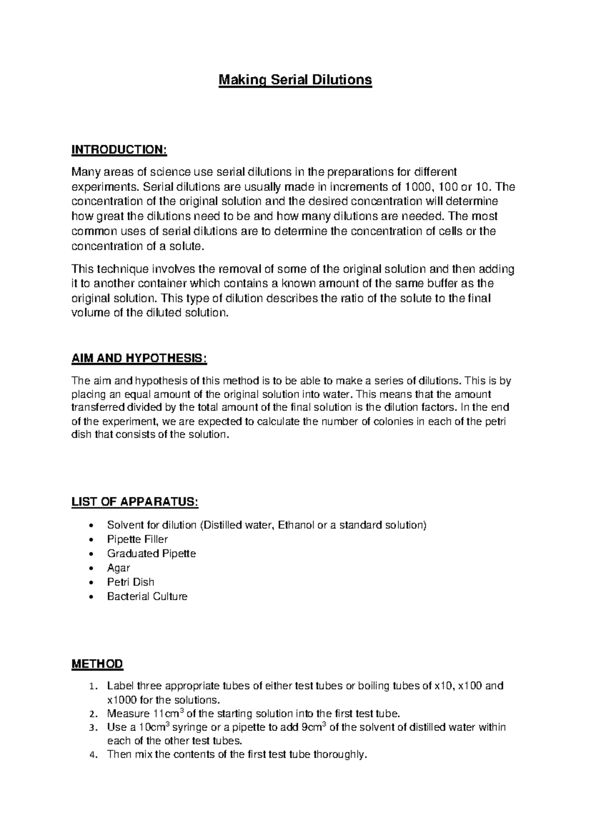 Serial Dilutions in Bacterial Culture Lab Report - Studocu