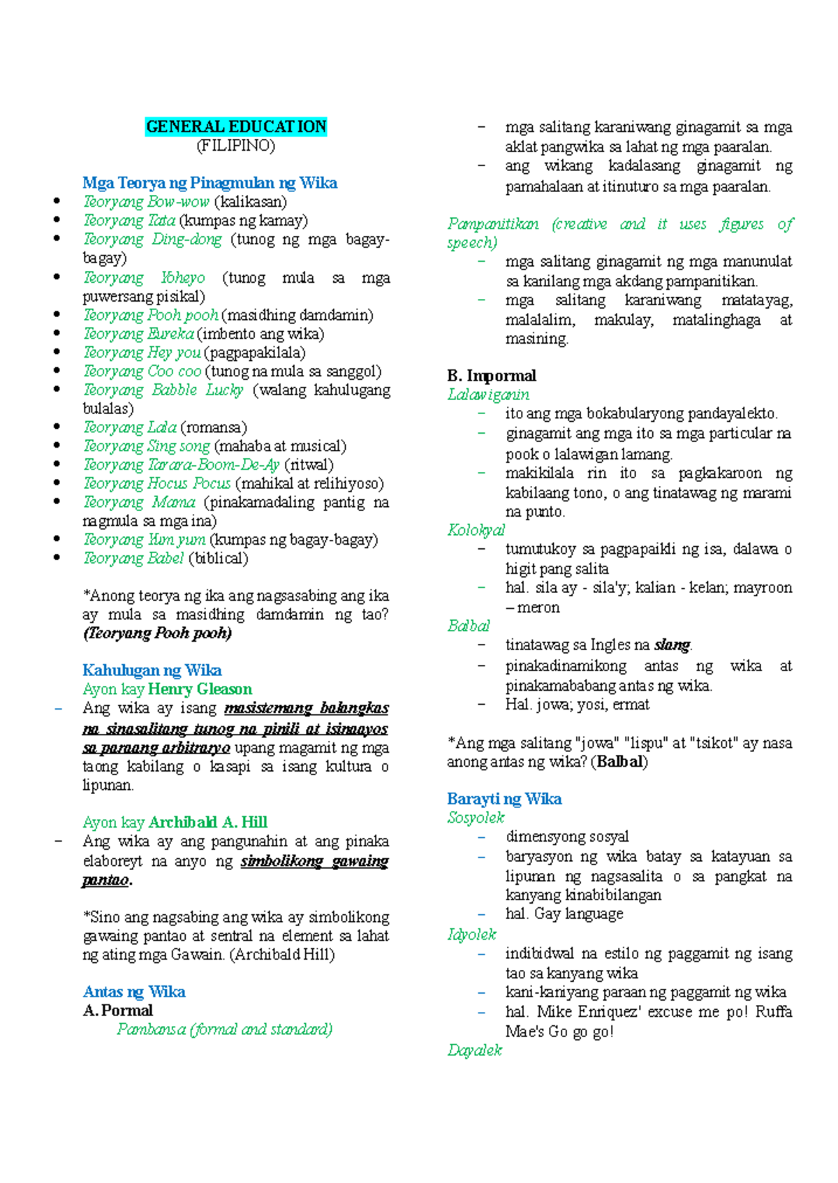 Gen. Ed (Filipino) - Wika at Teorya: Review Notes - Studocu