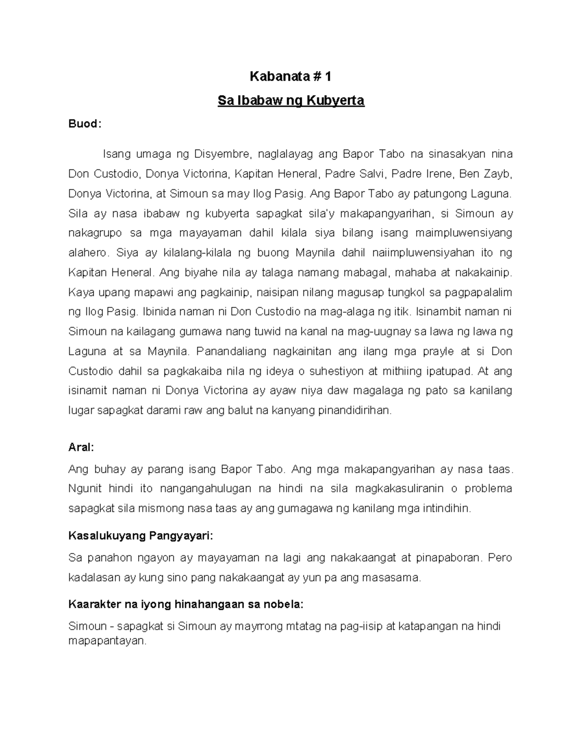 Elfilibuoddddd - Summary Filipino - Sa Ibabaw ng Kubyerta Buod: Isang ...