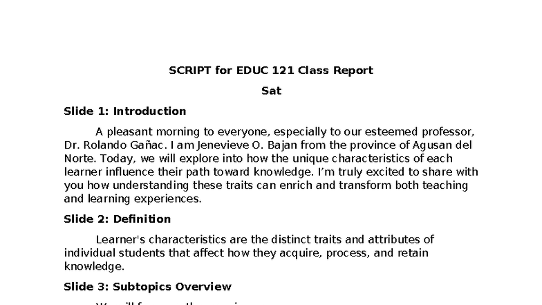 EDUC 121 Class Report: Understanding Learner Characteristics - Studocu