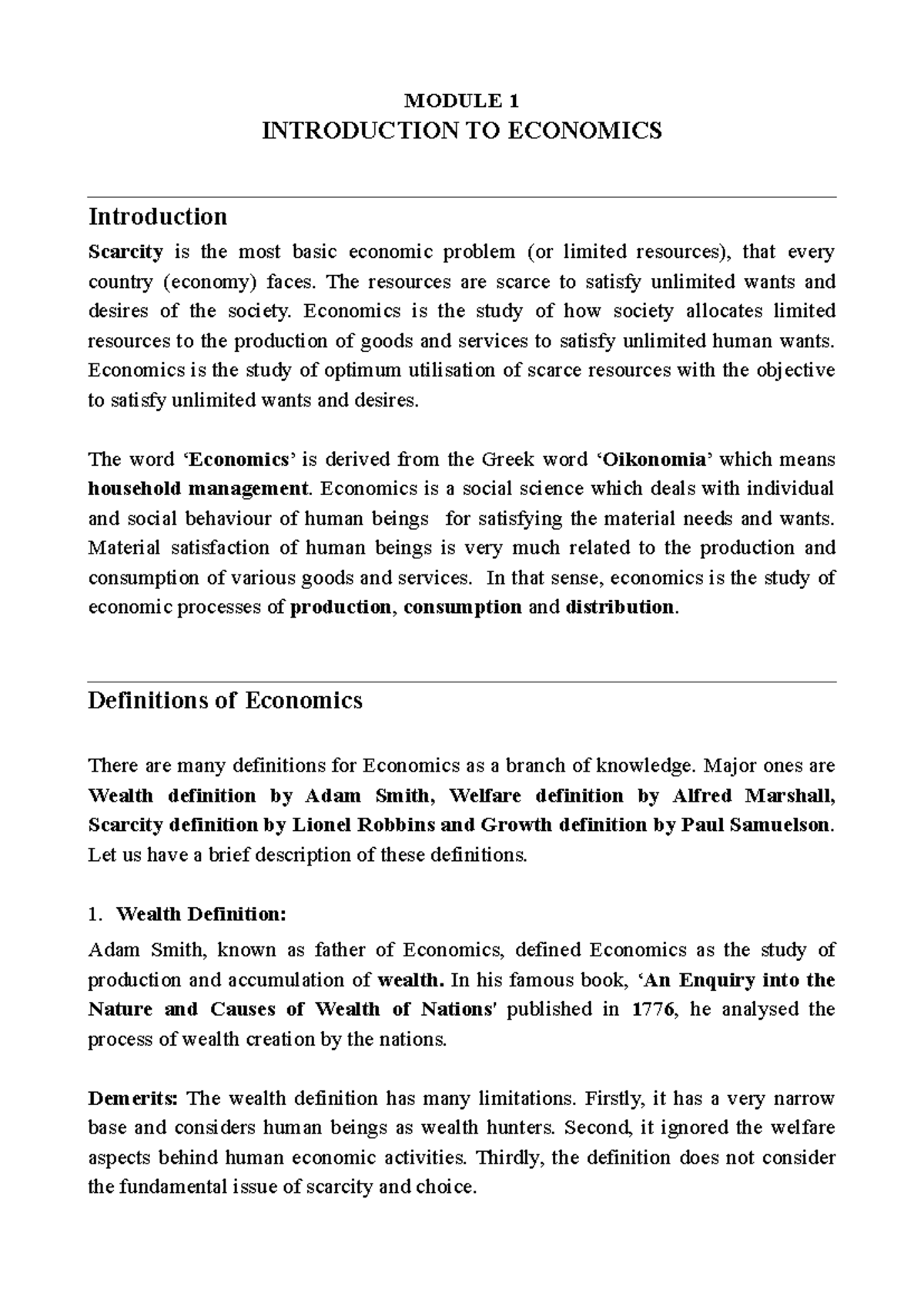 Introductory Economics - Module I: Understanding Scarcity and Choice ...