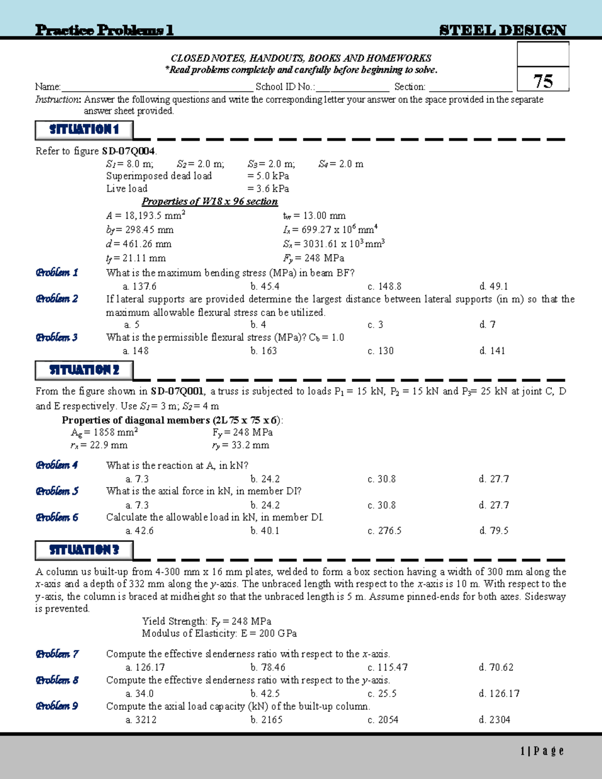 Practice Problems 1: Steel Design (Closed Notes & Homework) - Studocu