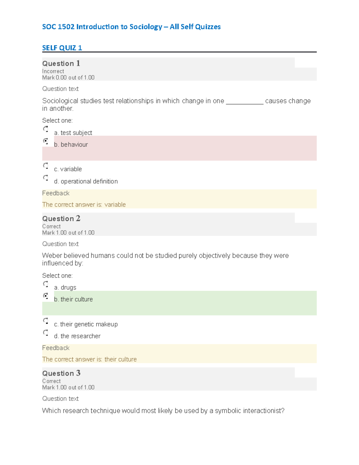 SOC 1501 - All Self Quizzes - SELF QUIZ 1 Question 1 Incorrect Mark 0 ...