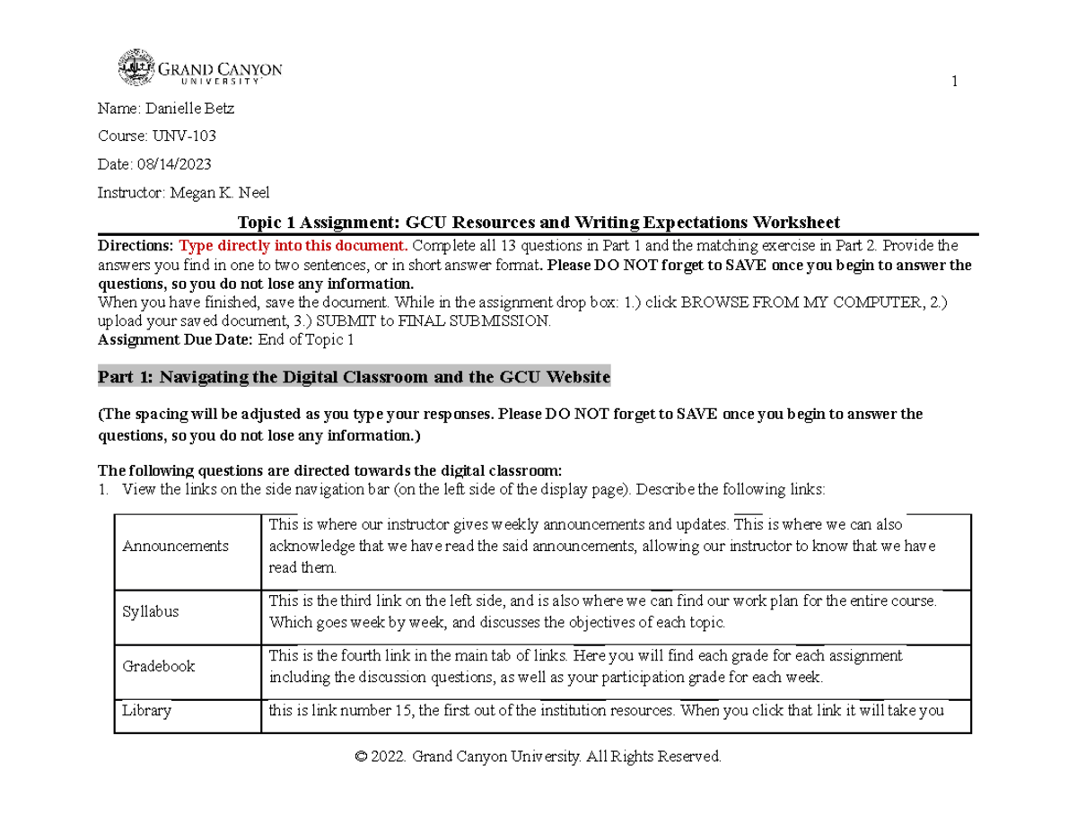 GCU Resources and Writing Expectations Worksheet - Name: Danielle Betz ...