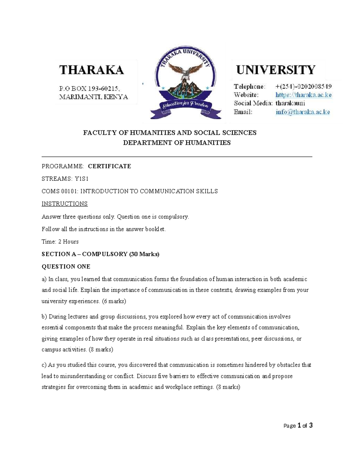 COMS 00101: Introduction to Communication Skills Exam Paper - Studocu