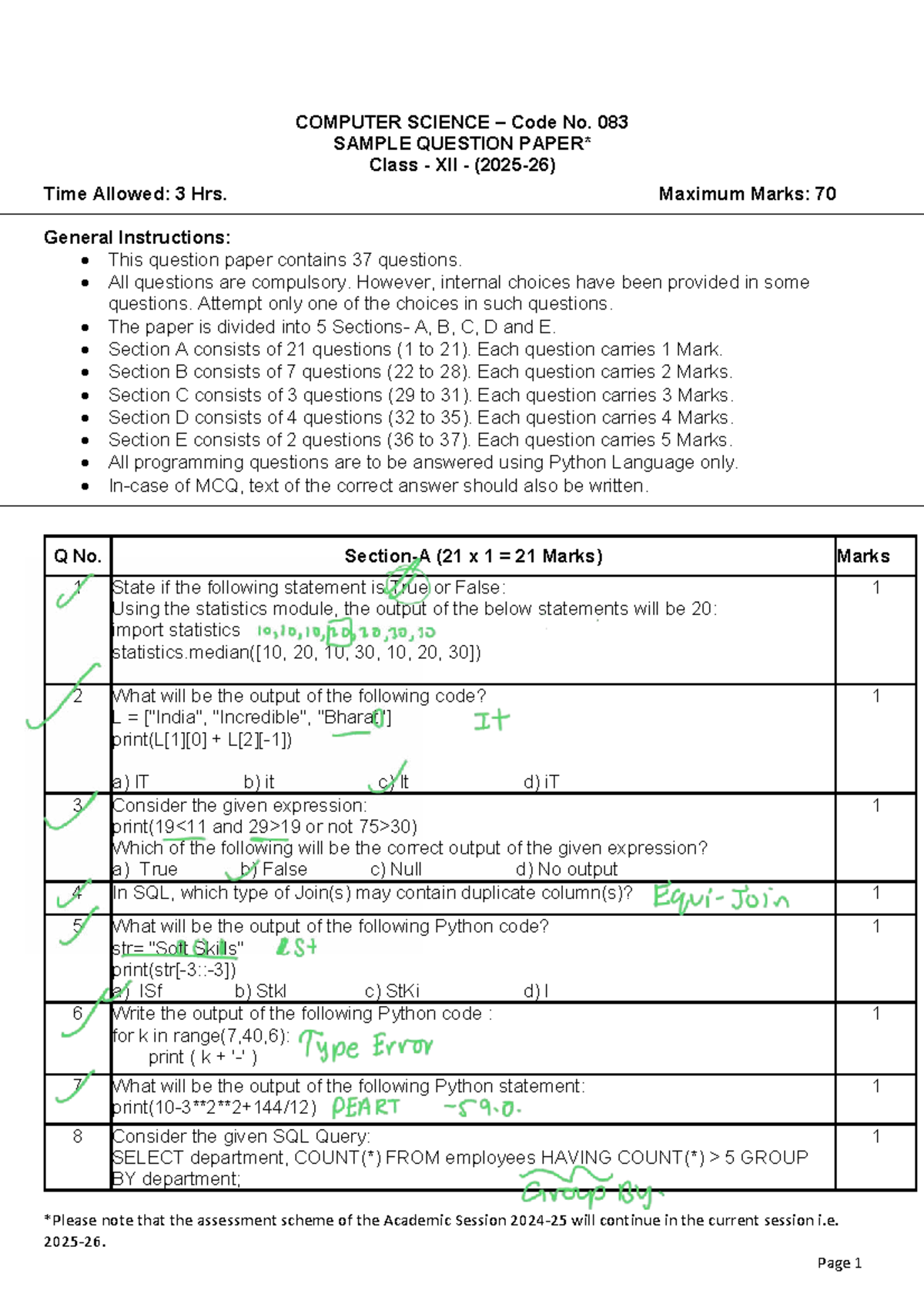 COMPUTER SCIENCE 083 - Class XII Sample Paper with Answers - Studocu