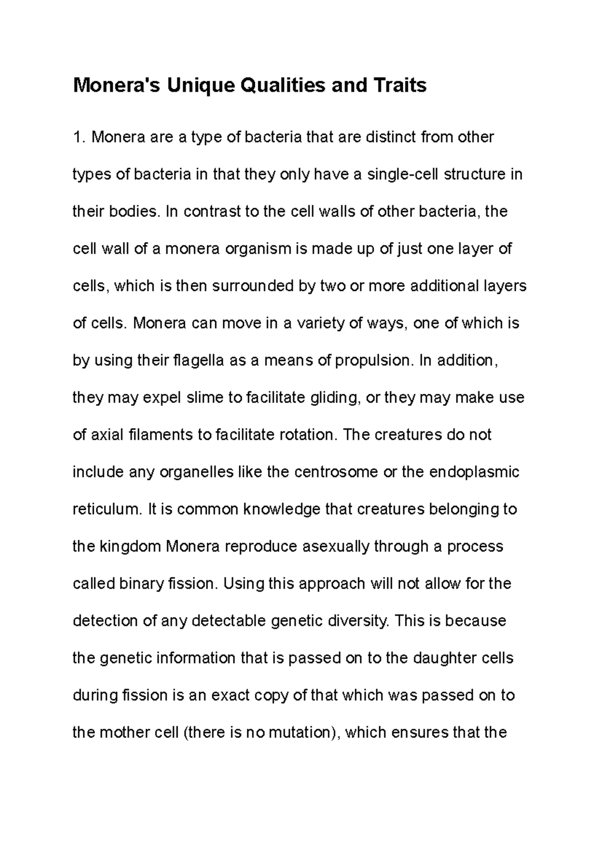 Monera (BIO101) - Unique Qualities & Traits Overview - Studocu