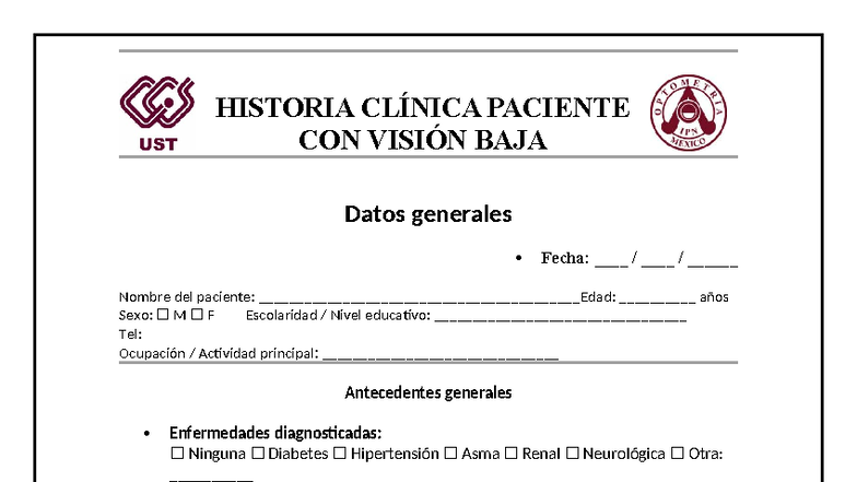 Historia Clínica de Paciente con Baja Visión - Datos y Evaluación - Document Preview
