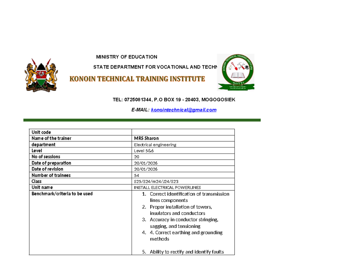 Install Electrical Power Lines Learning Plan (Unit Code: EE20) - Studocu