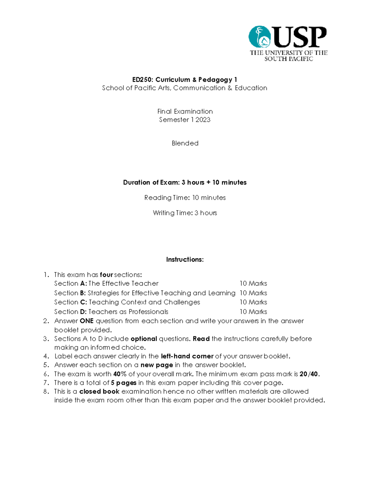 ED250: Final Exam Curriculum Pedagogy 1 - Semester 1 2023 - Studocu