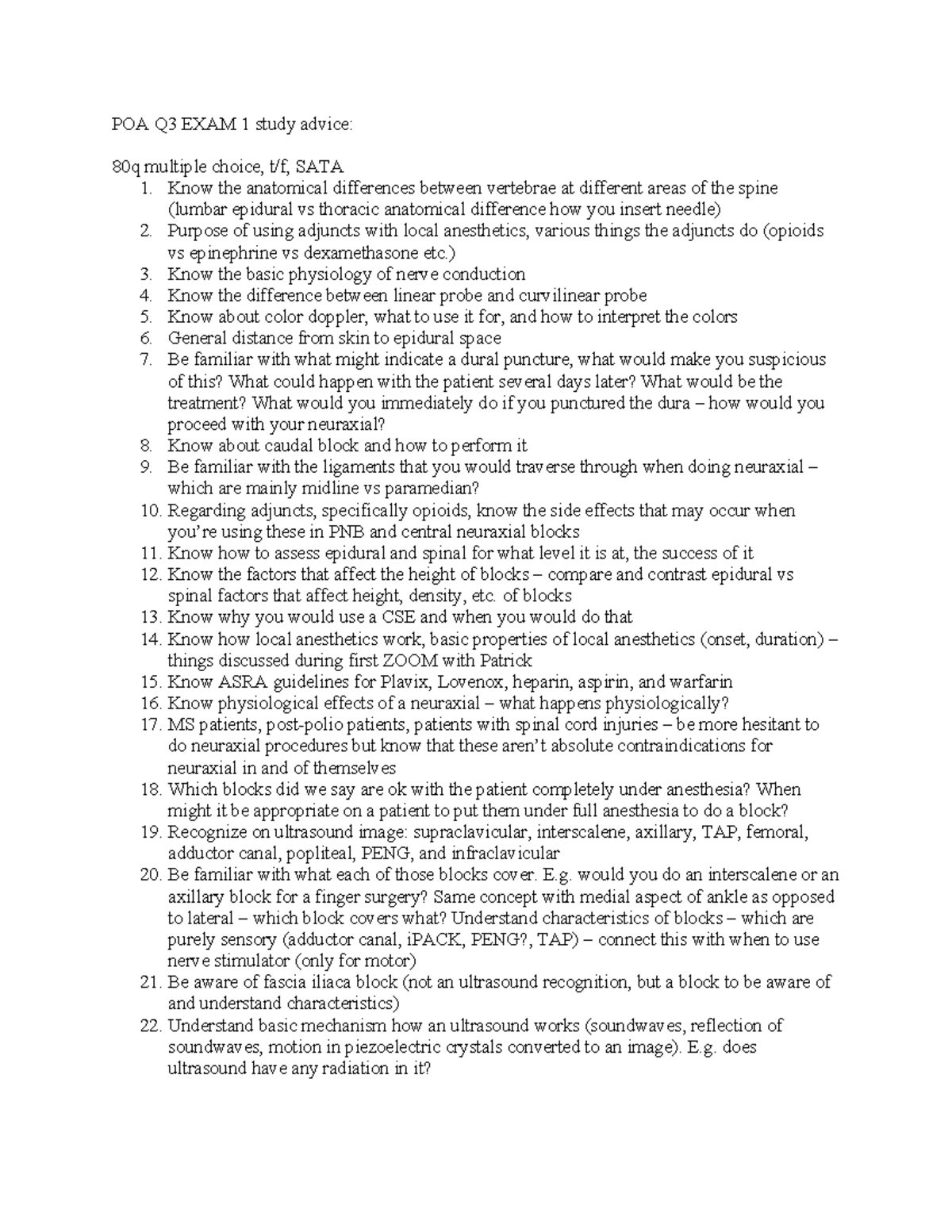 POA Q3 EXAM 1 Study Guide: Key Anesthesia Techniques & Physiology - Studocu