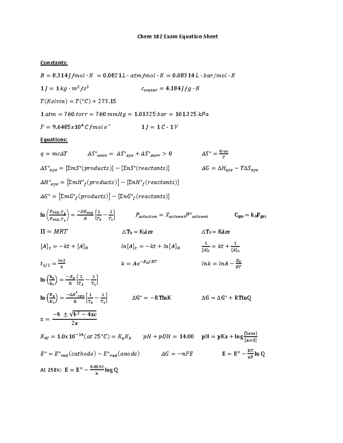 Chem 102 Final Exam Equation Sheet with Constants and Formulas - Studocu