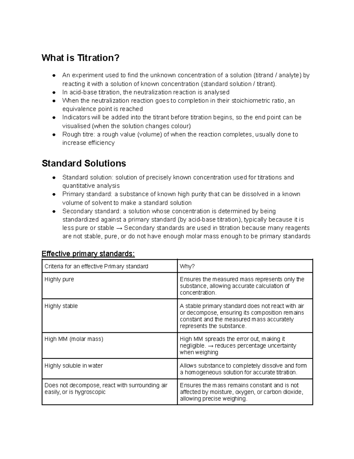 Y12 Titrations: Understanding Standard Solutions and Procedures - Studocu