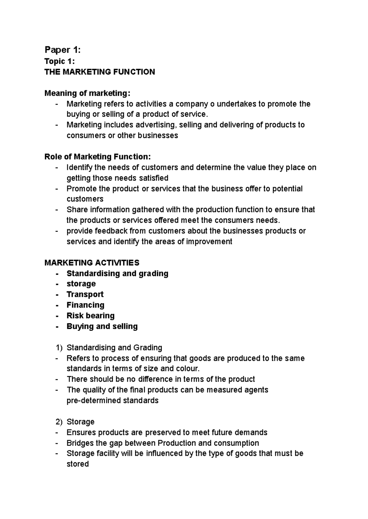 Business Study Notes: Marketing Function & Production Management - Studocu