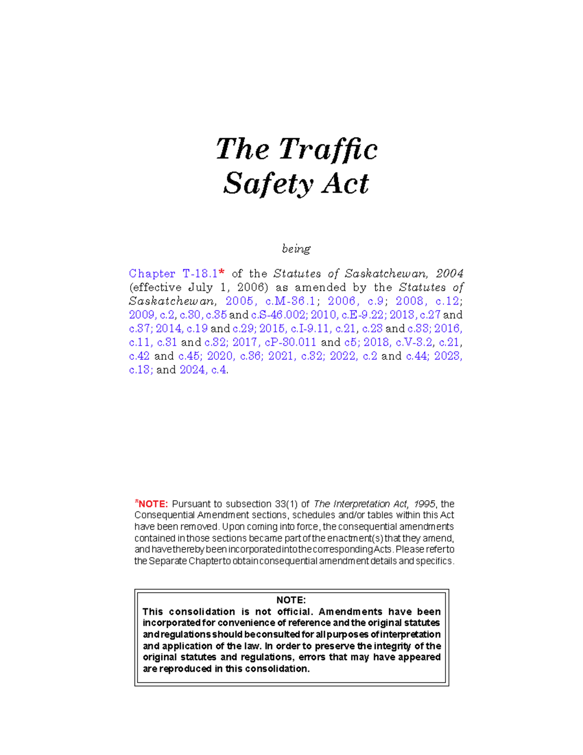 Traffic Safety Act Overview: Saskatchewan Statutes & Regulations - Studocu