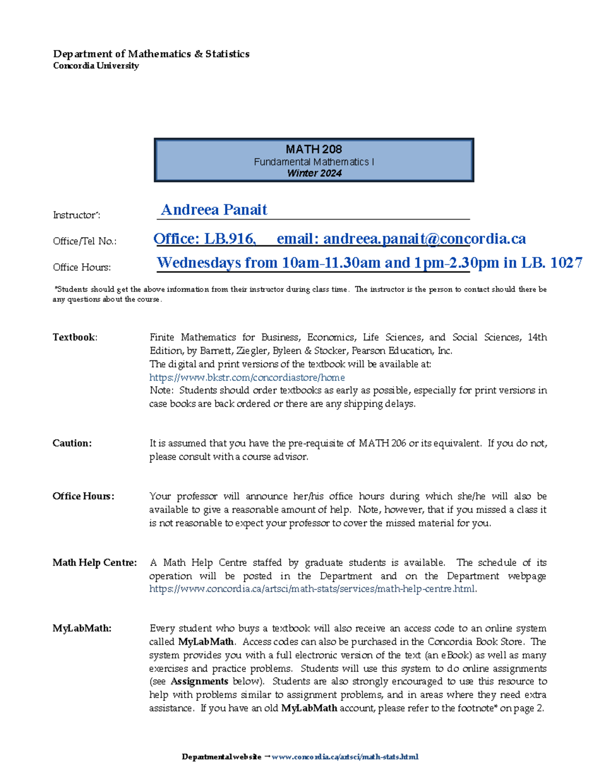 MATH 208 Winter 2024 Course Information and Midterm Details - Studocu