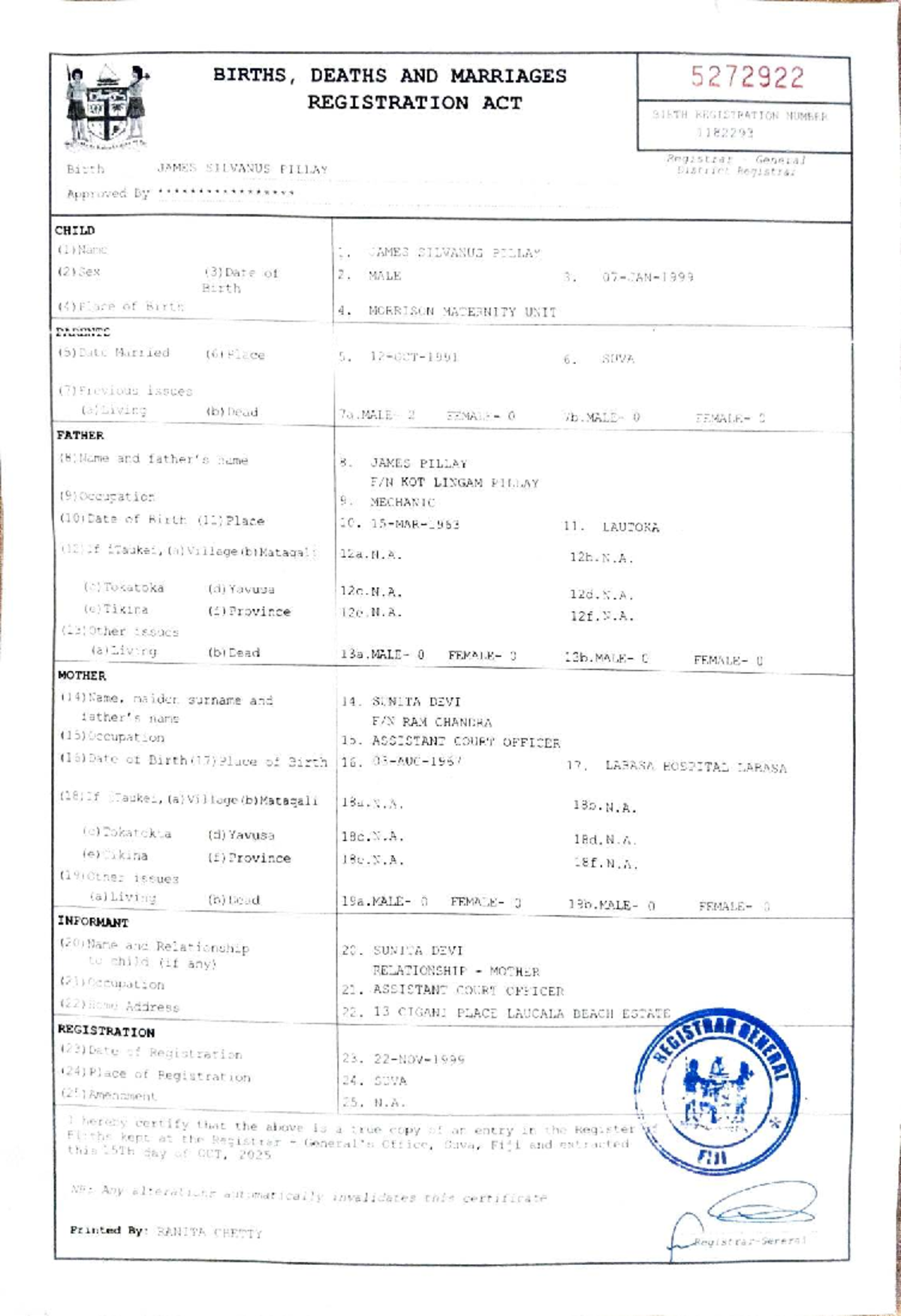 5272922 Birth Registration Certificate for James Silvanus Pillay - Studocu