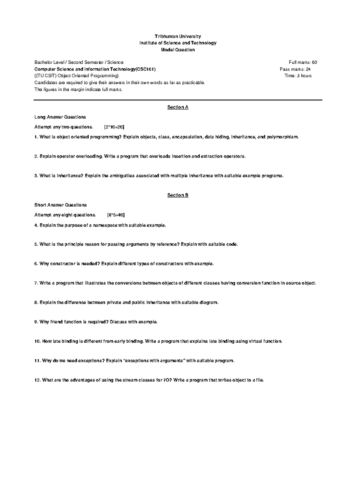 CSC161 Object-Oriented Programming Model Question Paper - 2nd Sem - Studocu