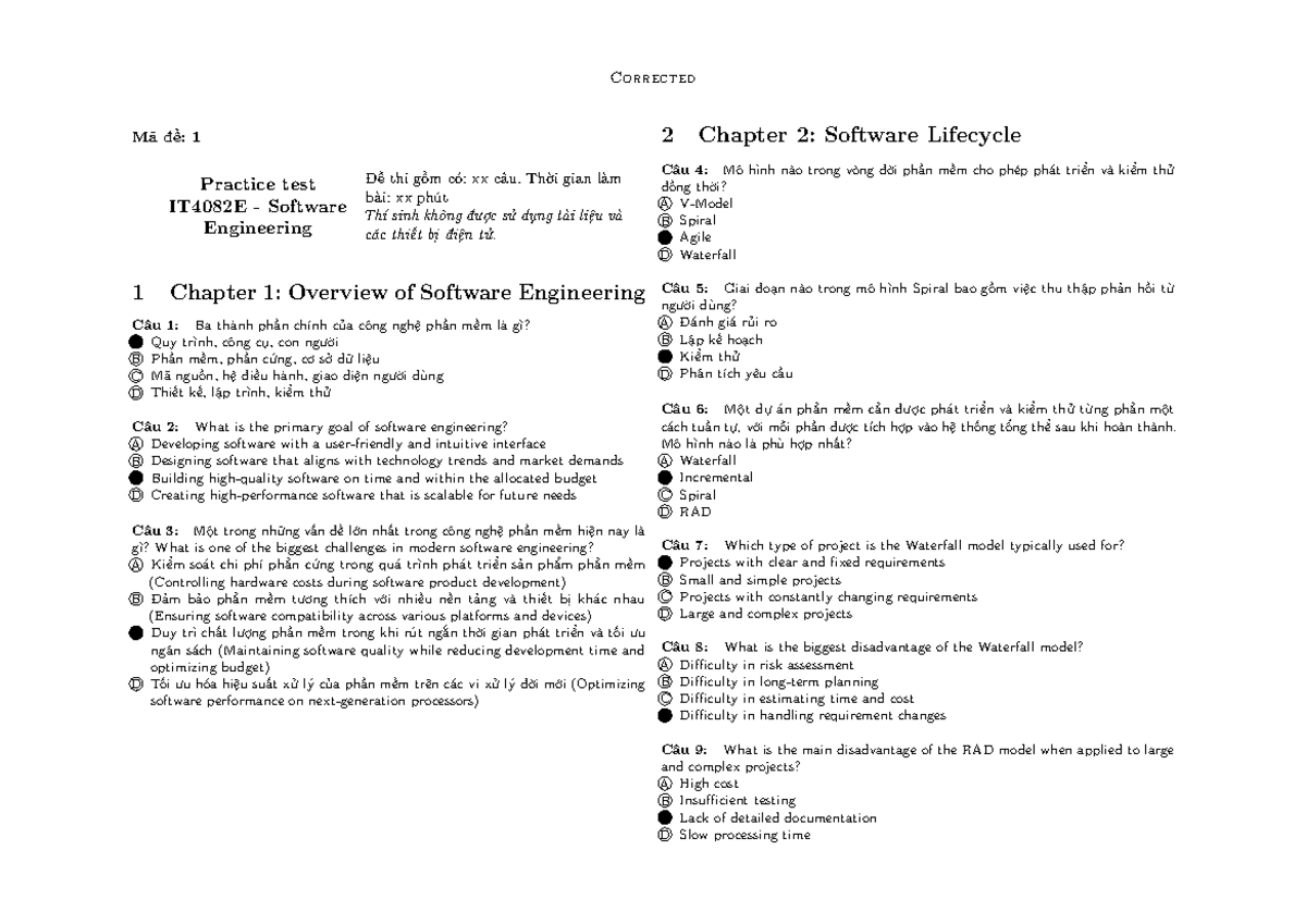 Corrected Practice Test IT4082E: Software Engineering Exam Questions ...