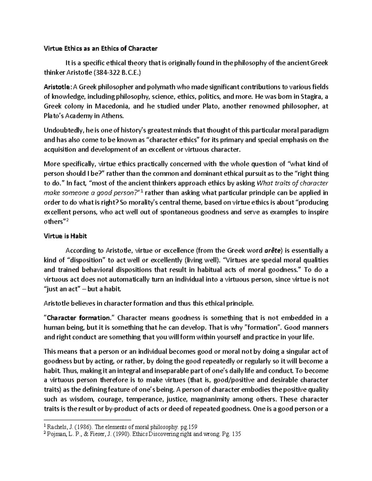 Handout 6: Virtue Ethics and Character Development in Aristotle - Studocu