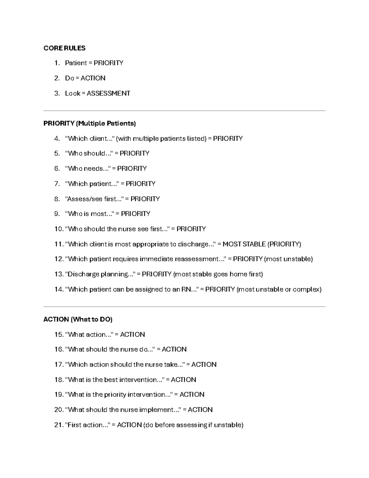 CORE RULES: Patient Priority & Action Assessment Guide - Studocu