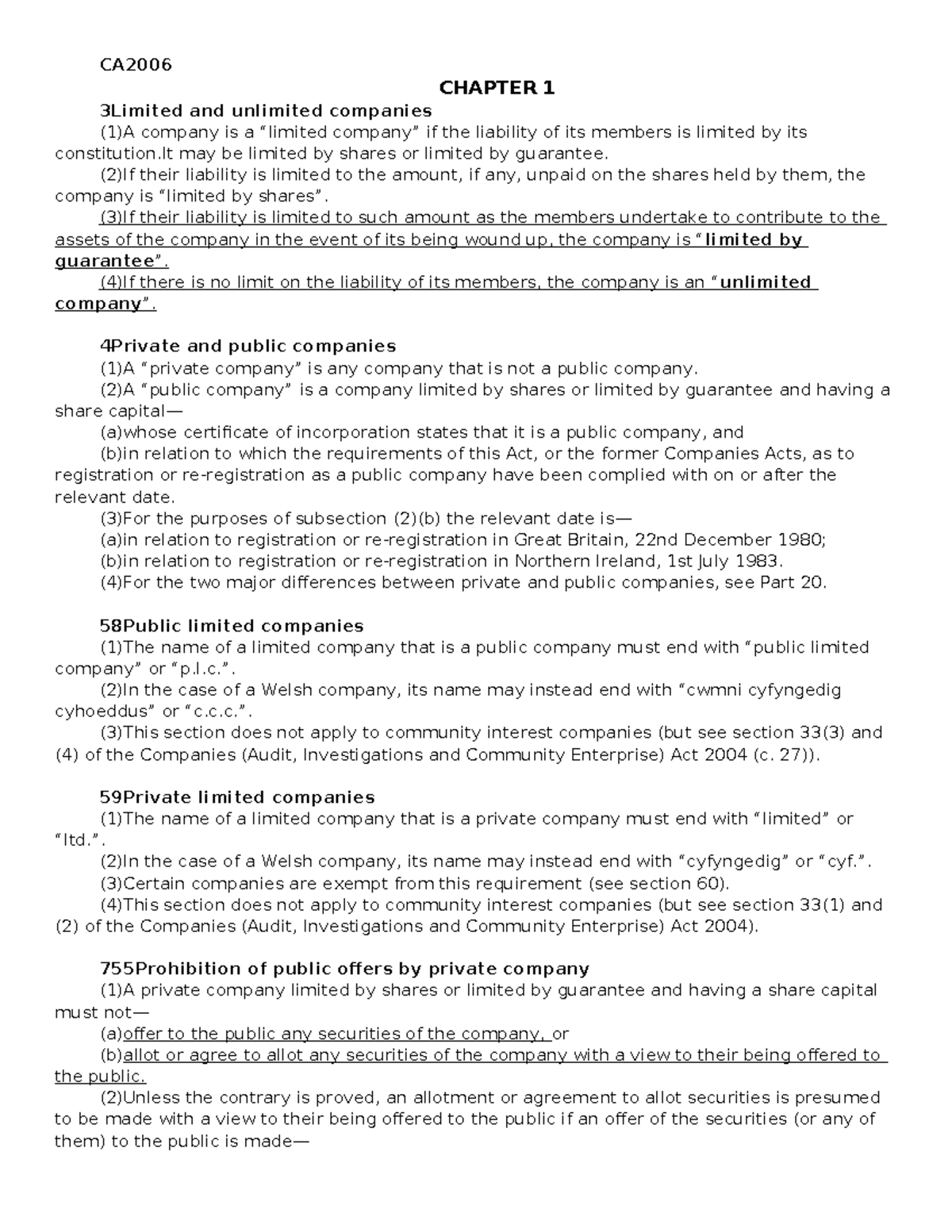 CA2006 CHAPTER 1: Limited vs Unlimited Companies Overview - Studocu