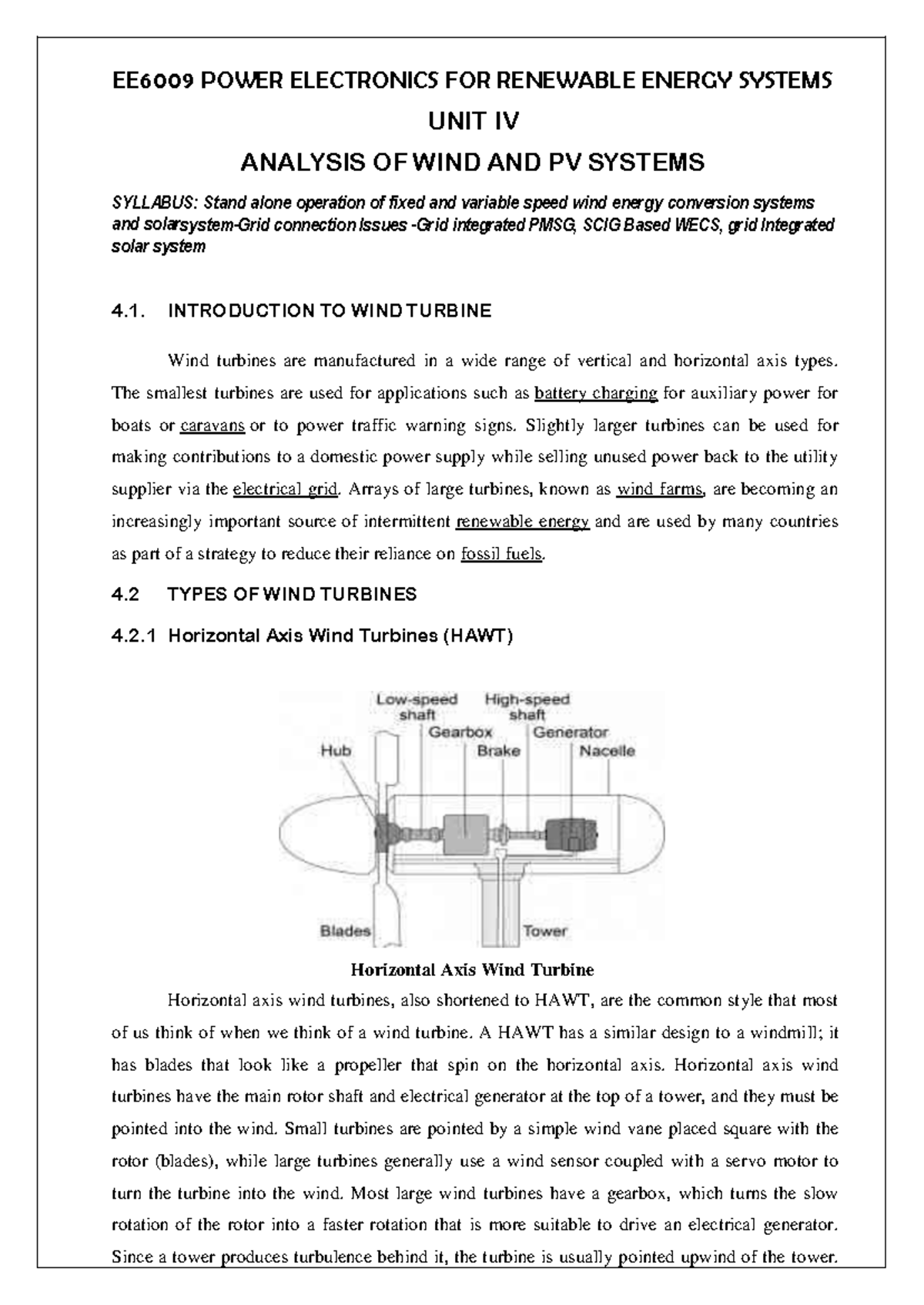 EE6009 Power Electronics for Renewable Energy Systems: Unit IV Wind ...