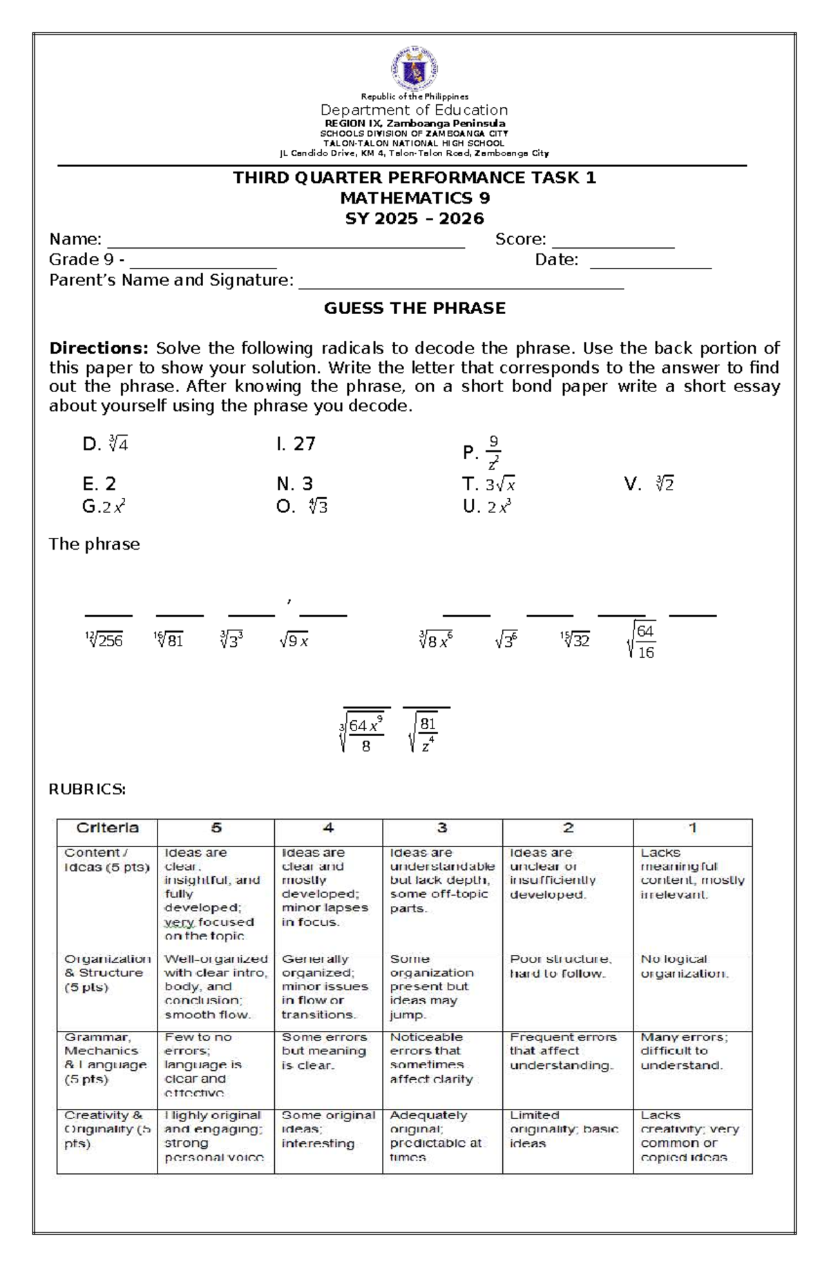 Mathematics 9 3rd Quarter Performance Task 1: Guess the Phrase - Studocu