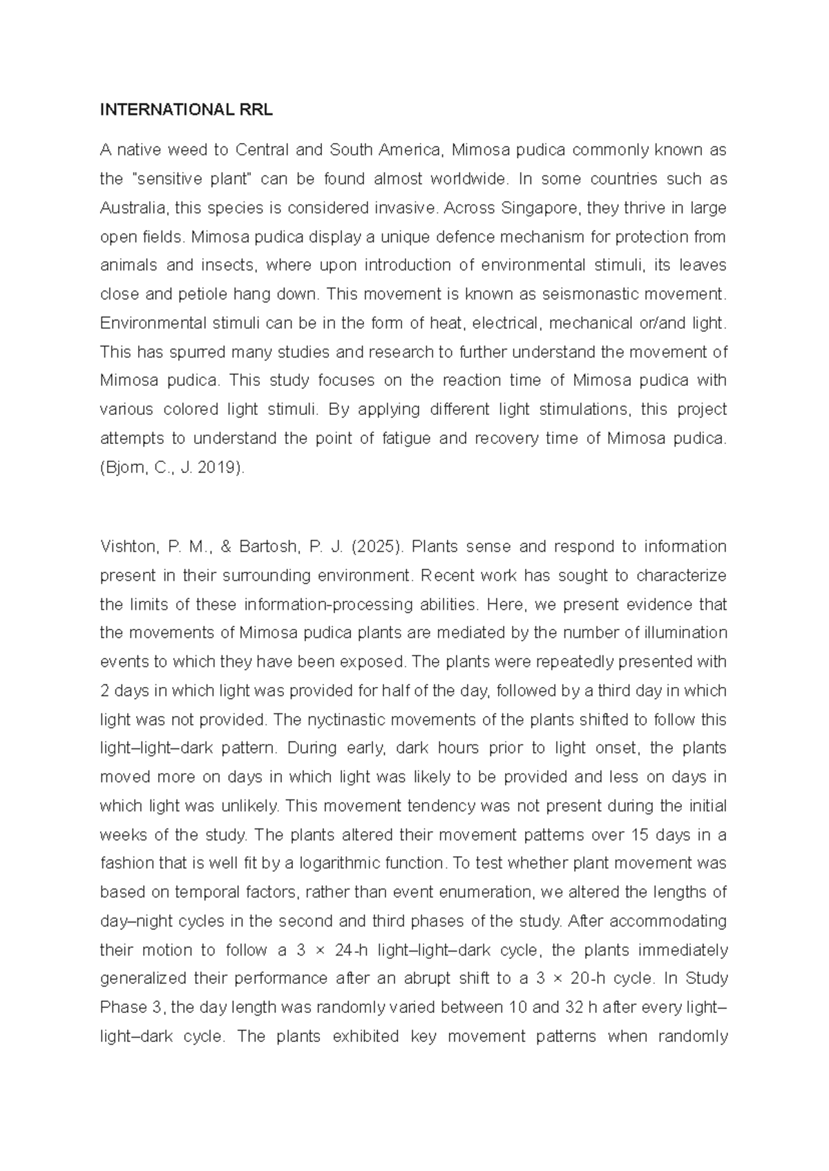 INTERNATIONAL RRL: Investigating Light Stimuli Effects on Mimosa pudica ...