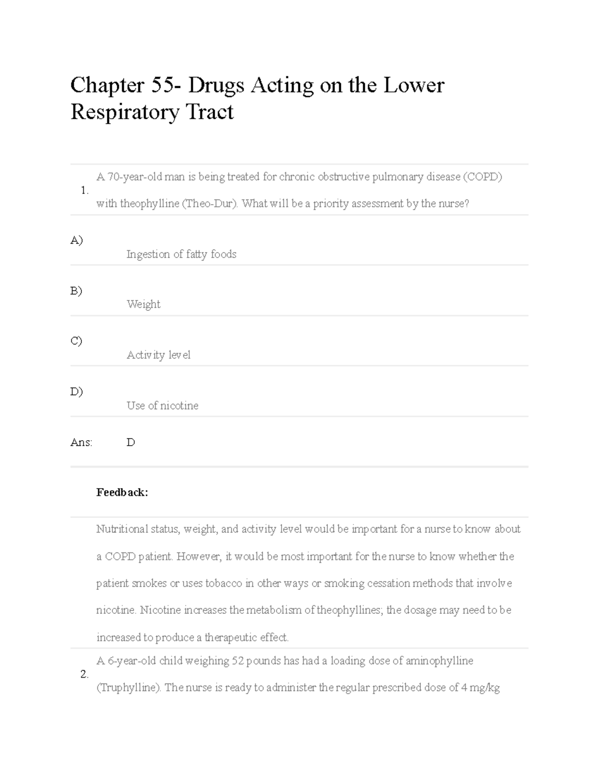 Ch55 - Nursing Pharmacology 6e Instructor Test Bank: Lower Respiratory Drugs - Document Preview