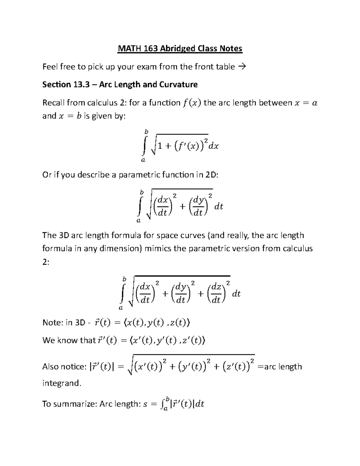 MATH 163 A Final Exam Class Notes: Arc Length & Curvature Concepts ...