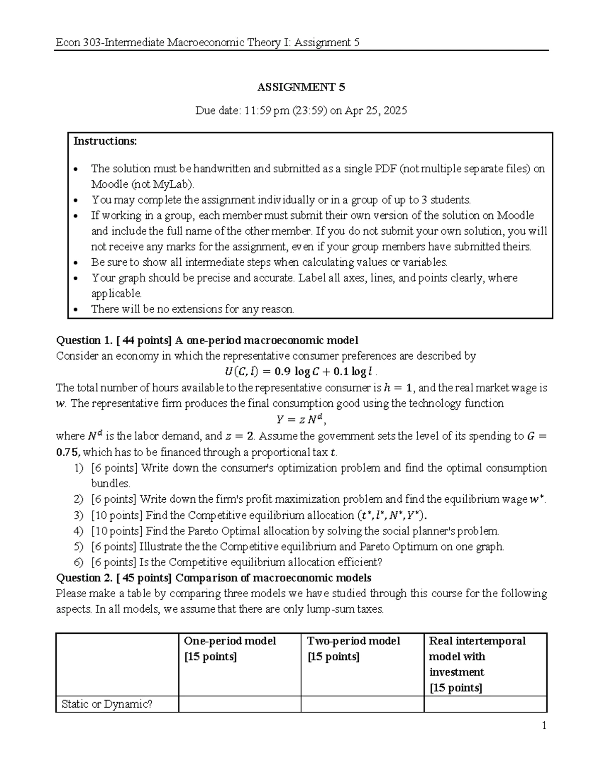 ECON303 Macroeconomic Theory I: Assignment 2 Guidelines and Questions ...