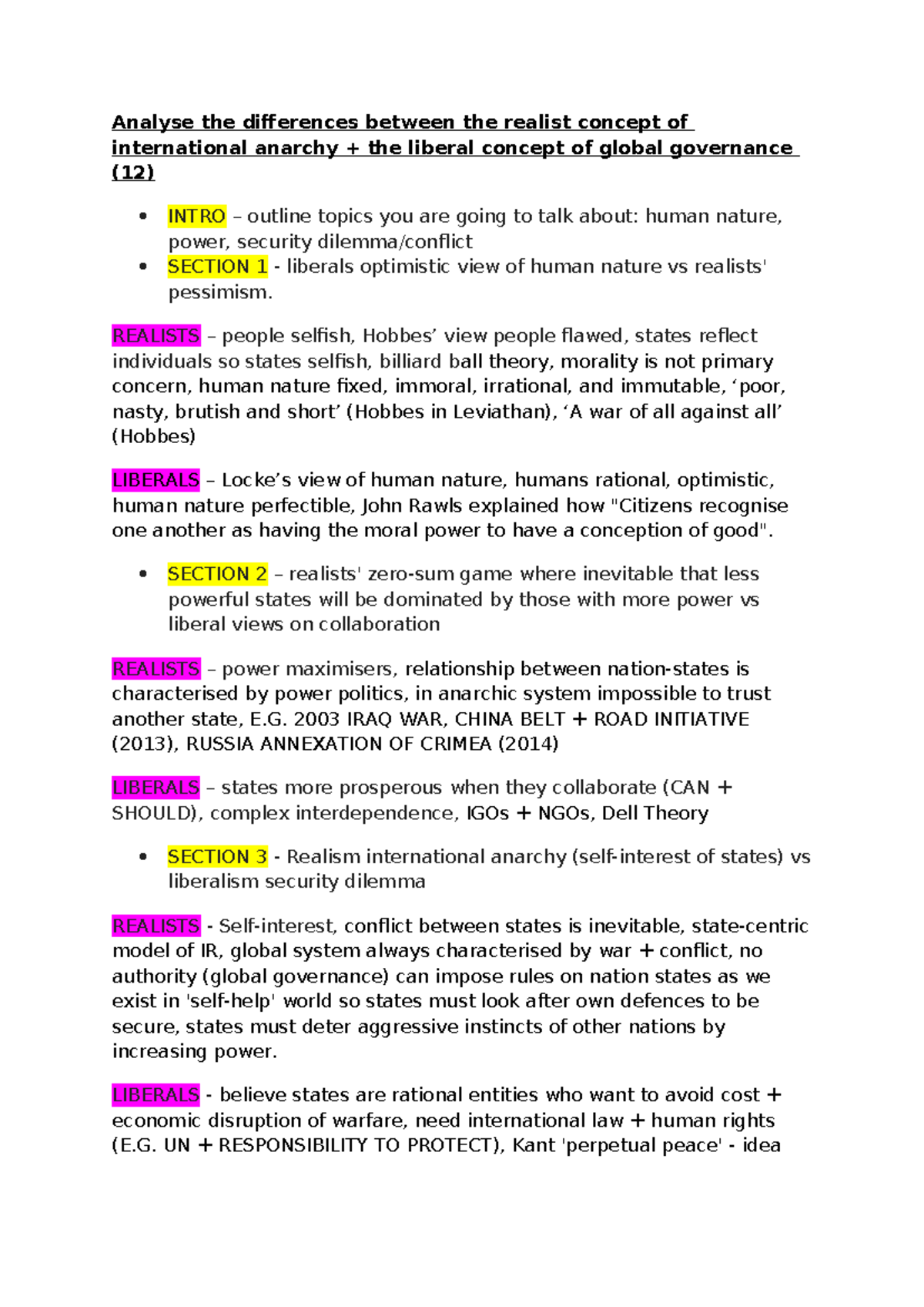 International Relations Essay Plan: Realism vs Liberalism (12) - Studocu