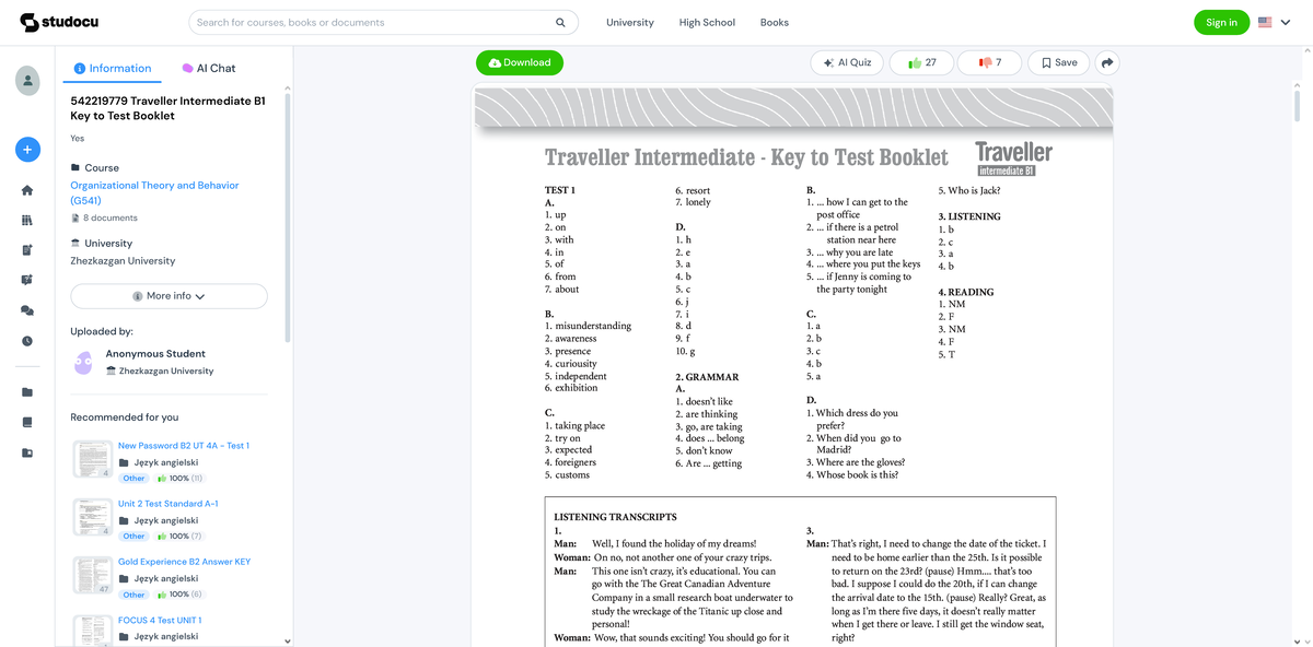 542219779 Traveller B1 Key to Test Booklet - Test 1 Answers - Studocu