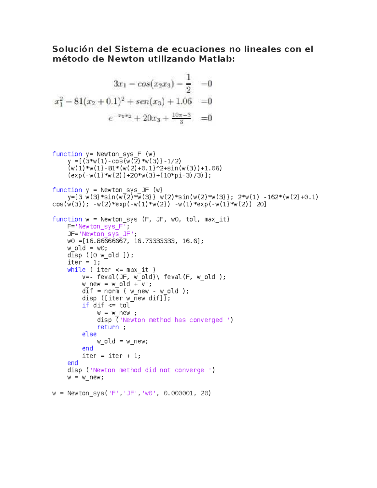 Método Newton (Varias variables) - Matlab - Solución del Sistema de ...