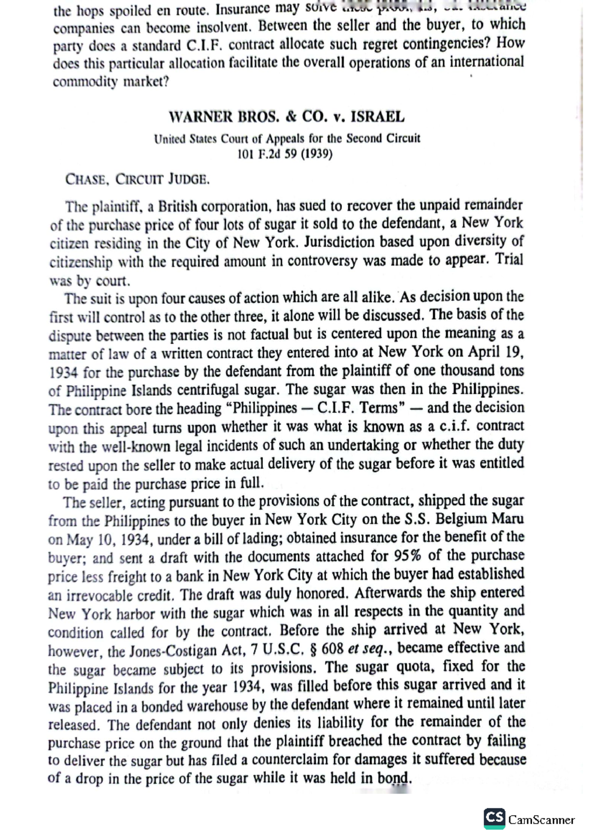 Warner Bros v. Israel Case Study on CIF Contract Analysis - Studocu