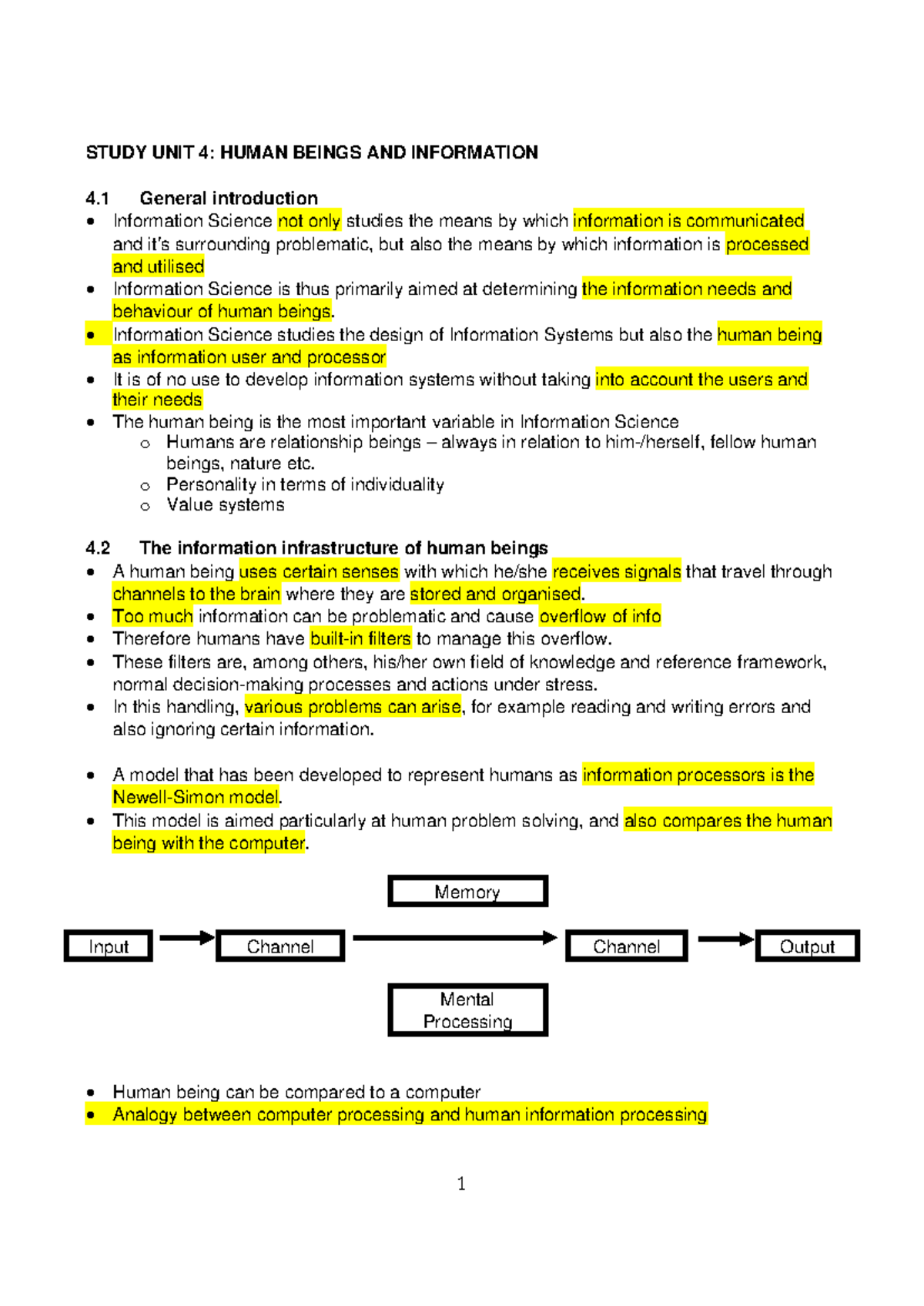 INL 110 Study unit 4 - STUDY UNIT 4 : HUMAN BEINGS AND INFORMATION 4 .1 ...