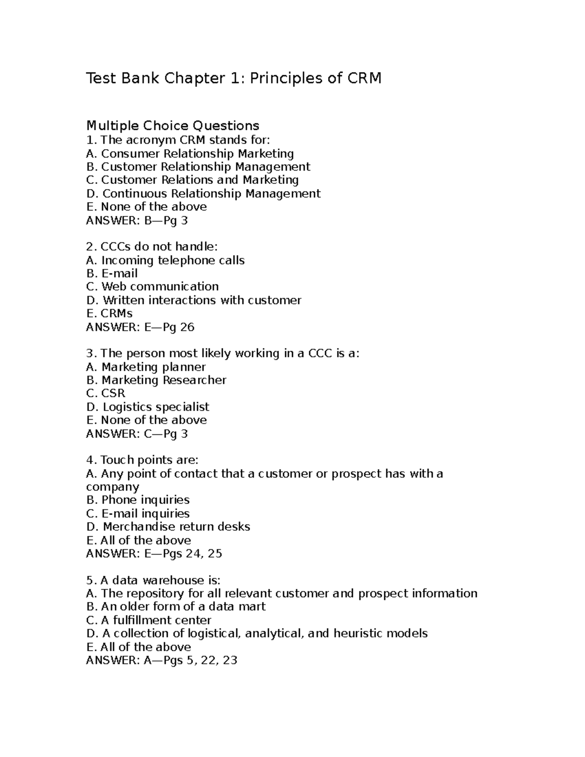 Test Bank for Principles of Customer Relationship Management (CRM ...