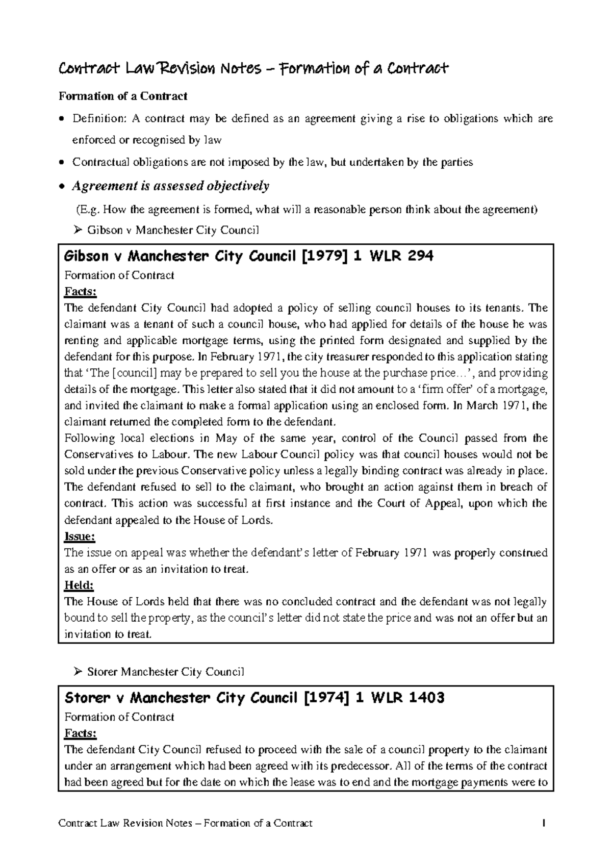 Contract Law Revision Notes - Formation of Contract - Contract Law ...