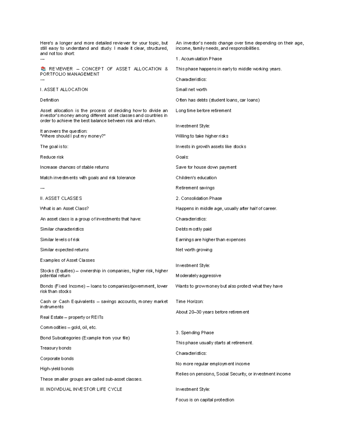 REVIEWER: CONCEPTS OF ASSET ALLOCATION & PORTFOLIO MANAGEMENT - Studocu