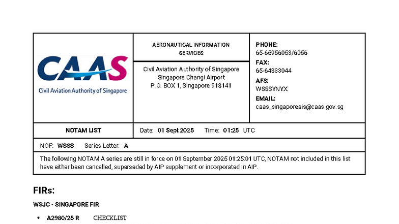 NOTAM LIST AERONAUTICAL INFO CAAS - SINGAPORE CHANGI AIRPORT - Studocu