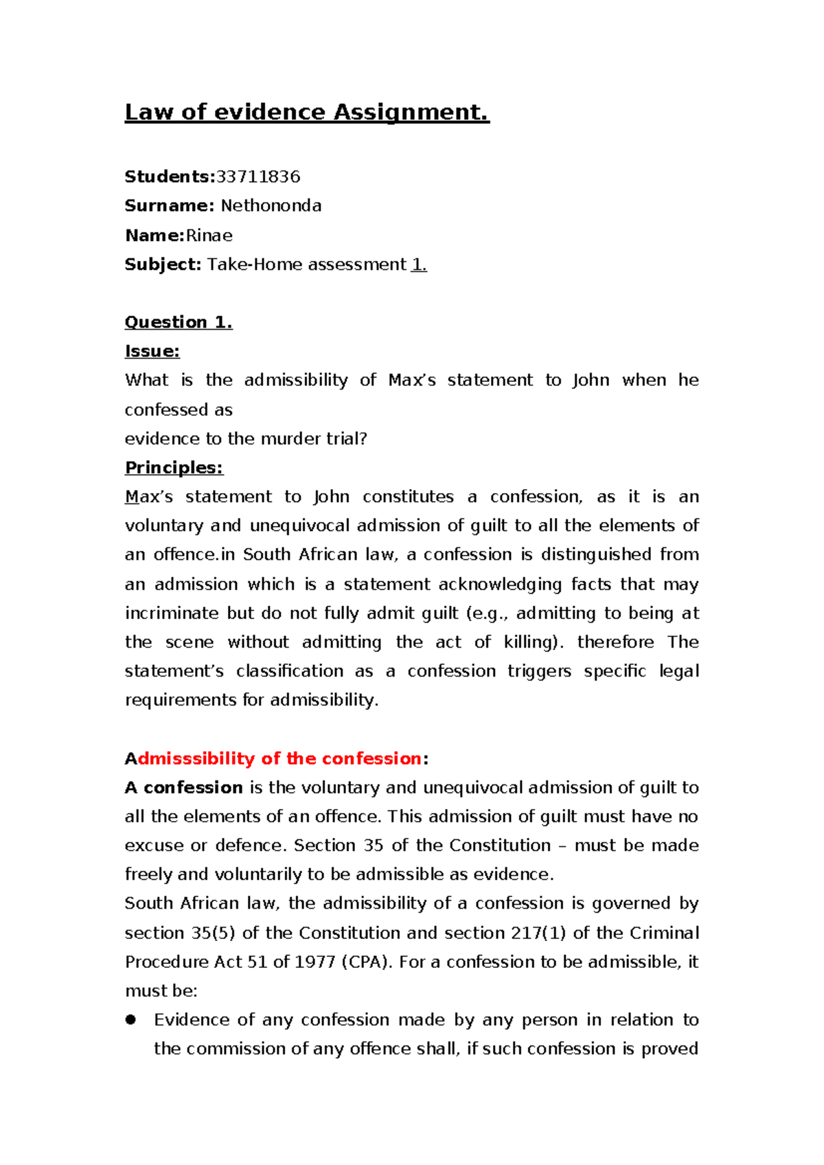 Law of Evidence Assignment: Admissibility of Confessions and Admissions ...