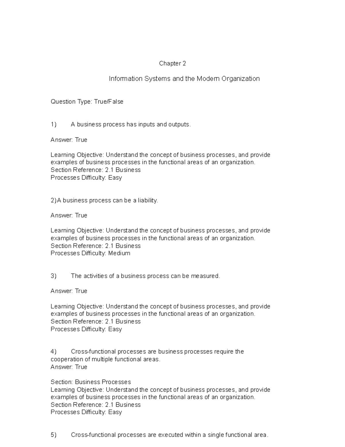 Chapter 2 test bank: Information systems and business processes - Studocu