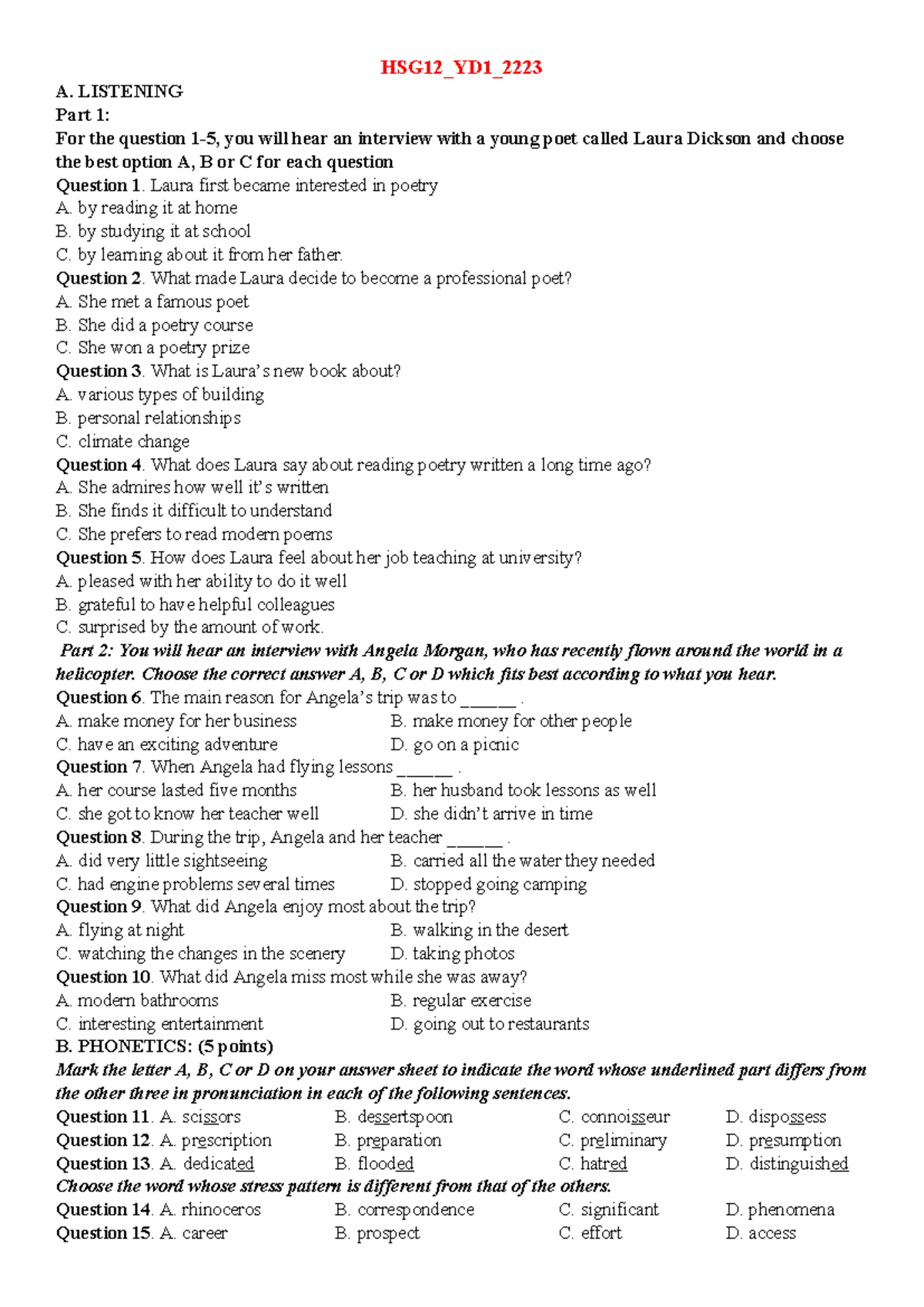HSG12 YD1 2223 - Listening Comprehension and Language Skills Exam - Studocu
