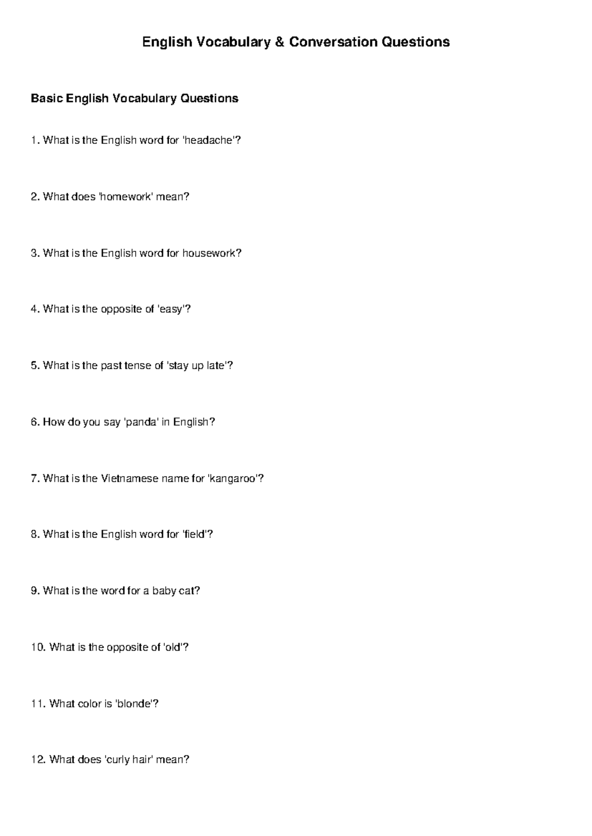 ENG 101: Basic English Vocabulary Conversation Questions - Studocu