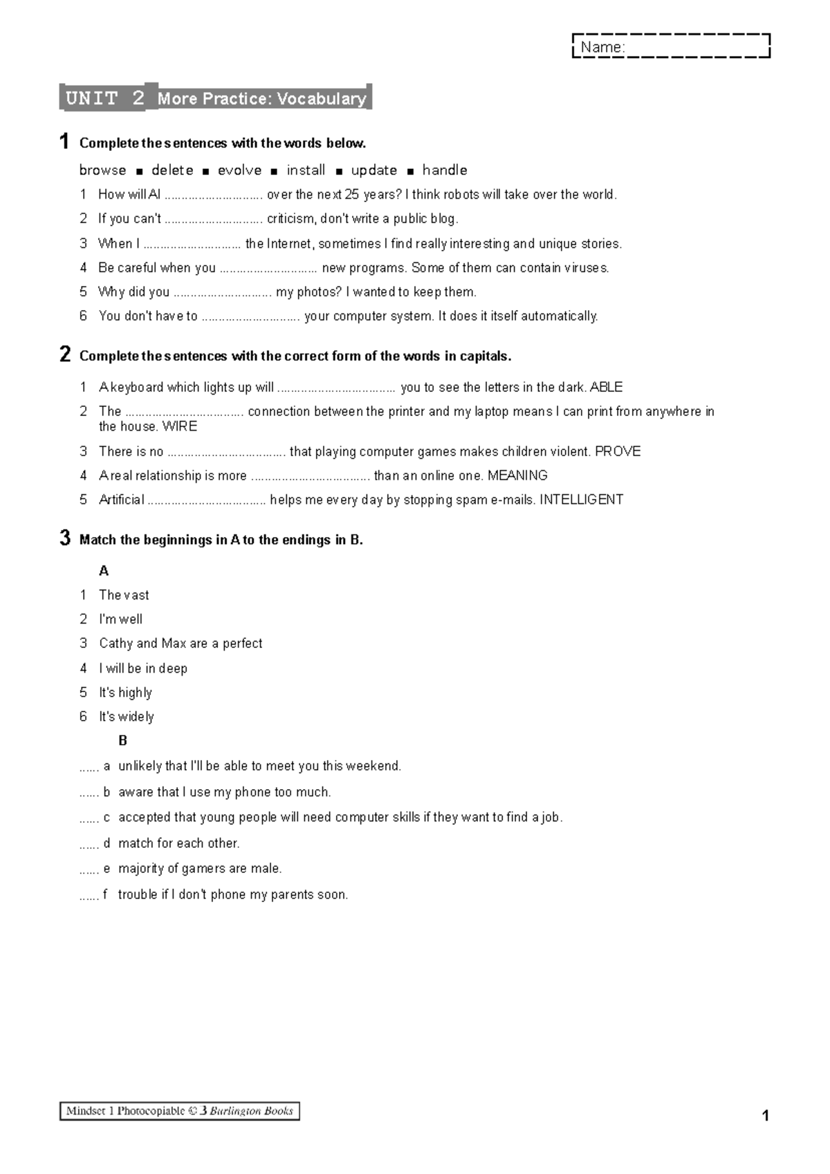 02Mindset 1 Vocab Gram More Prac 2 - UNIT 2 More Practice: Vocabulary 1 ...