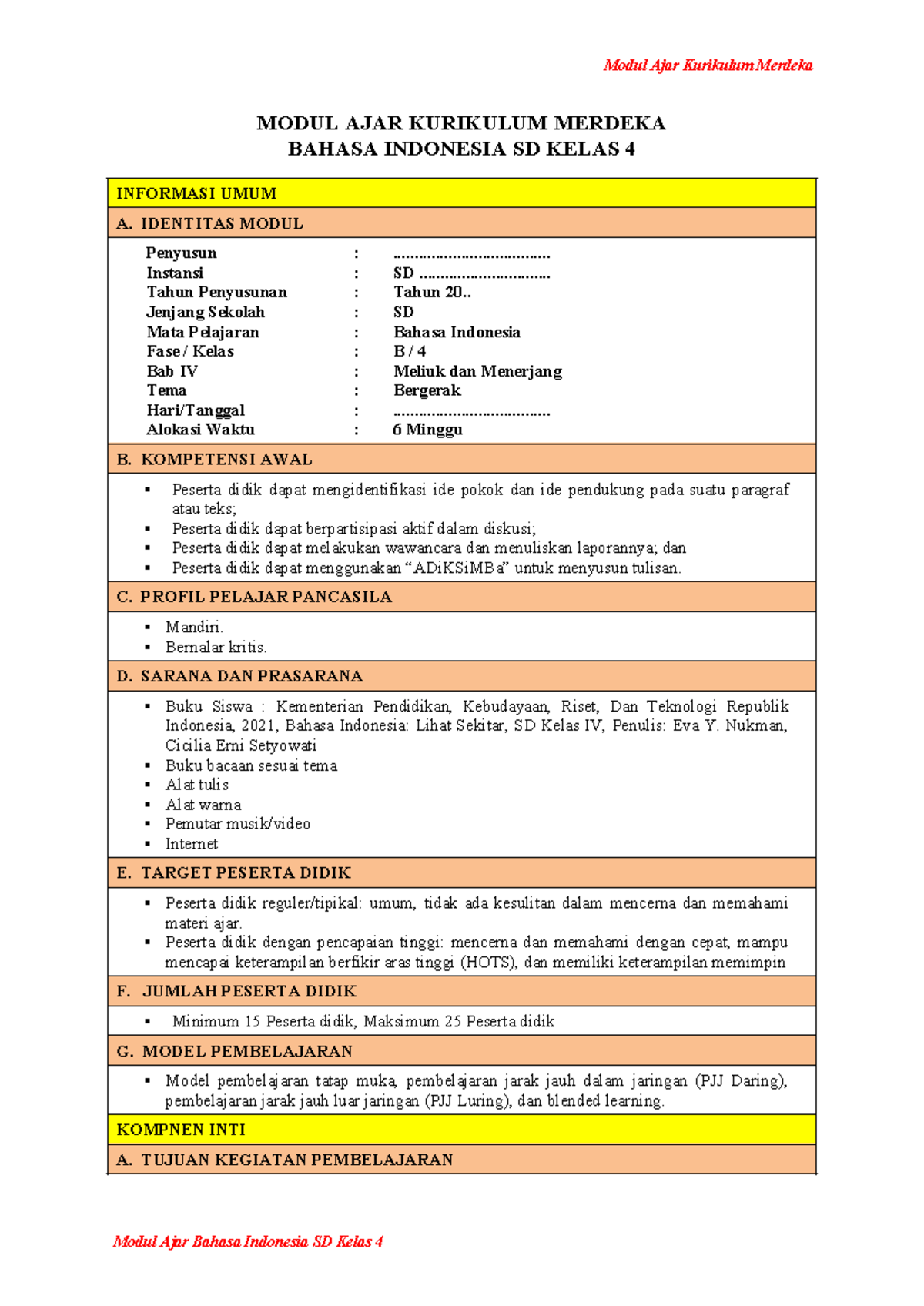 Modul Ajar Kurikulum Merdeka: Bahasa Indonesia SD Kelas 4 - Bab IV ...
