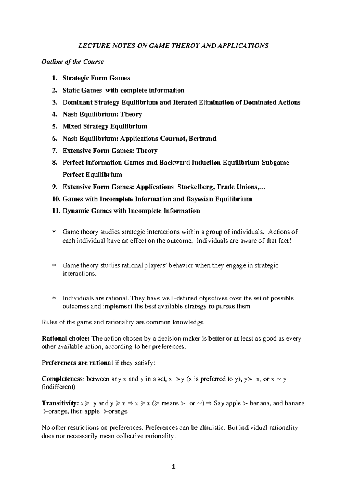 LECTURE NOTES ON GAME THEORY (Course Code: 1) - Studocu